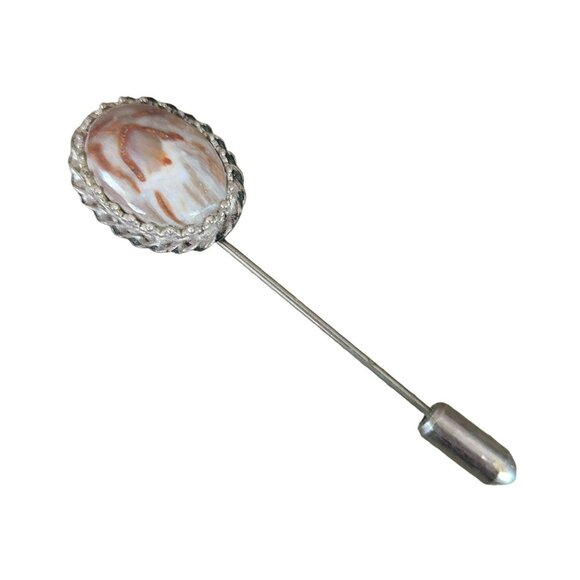 Unmarked Jewelry - Vintage Natural Stone Cabochon Gemstone Agate Stick Pin Silvertone